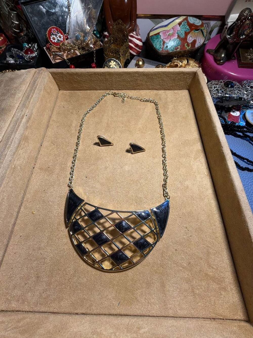 Vintage  Gold Tone Lattice Bib Necklace and Earring Set with Black Enamel